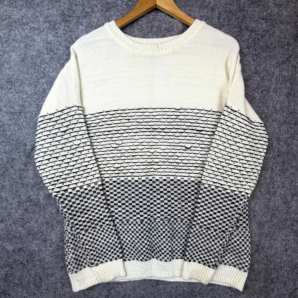 Apres Ski Sweater Womens Medium Cream Black‎ Striped Acrylic Knit Cozy Winter